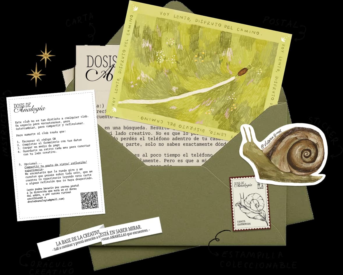 El contenido del sobre desplegado y rotulado a mano: carta, postal ilustrada, sticker de un caracol, instructivo, oráculo creativo y estampilla coleccionable.